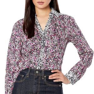 Foxcroft Mary Ditsy Floral Long Sleeve Button Up Shirt Wrinkle Free Size 12